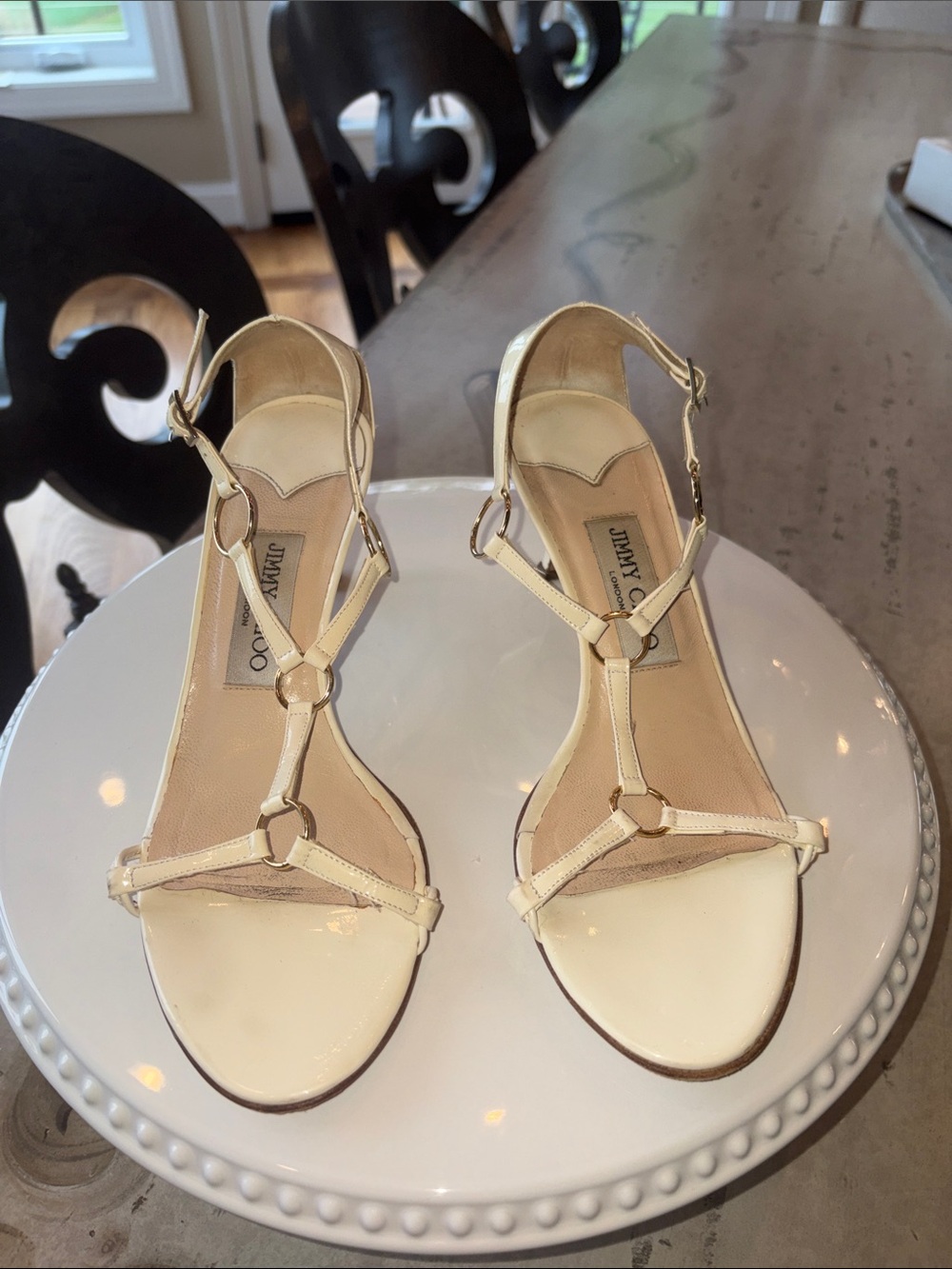 Jimmy Choo Ivory Patent T-Strap Sandals